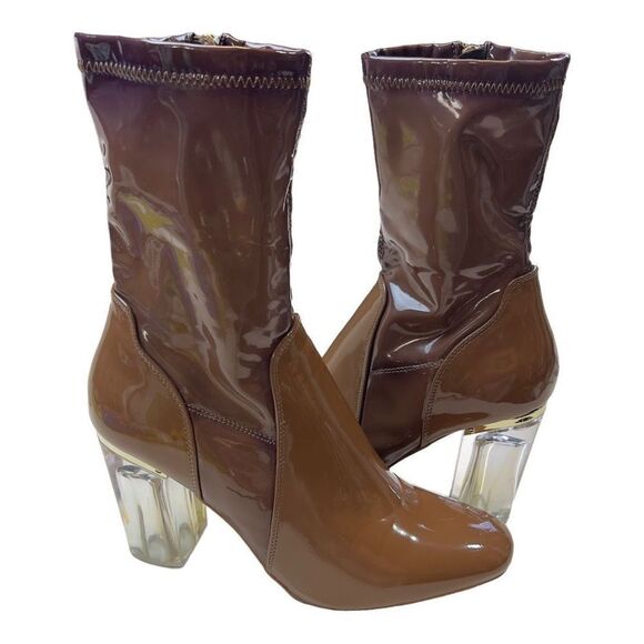 Cape Robbin Womens Patent Leather Clear Chunky Heels Ankle Bootie Brown Size 8.5 - Picture 2 of 11